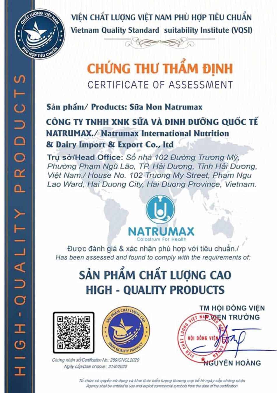 Công ty TNHH Sữa và Dinh dưỡng Quốc tế Natrumax được chứng nhận sản phẩm chất lượng cao