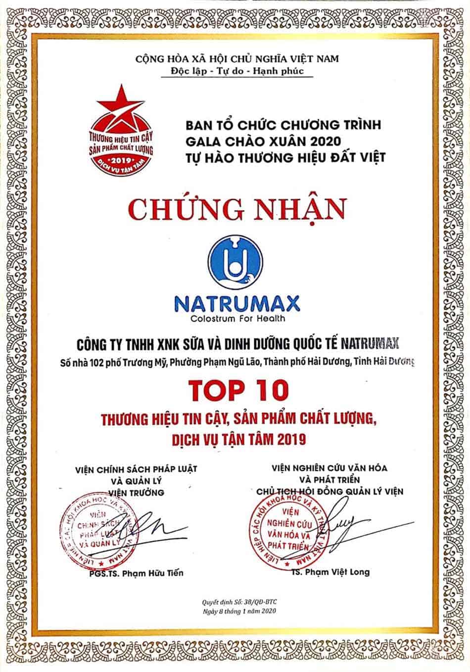 Công ty TNHH Sữa và Dinh dưỡng Quốc tế Natrumax được chứng nhận TOP 10 Thương hiệu tin cậy
