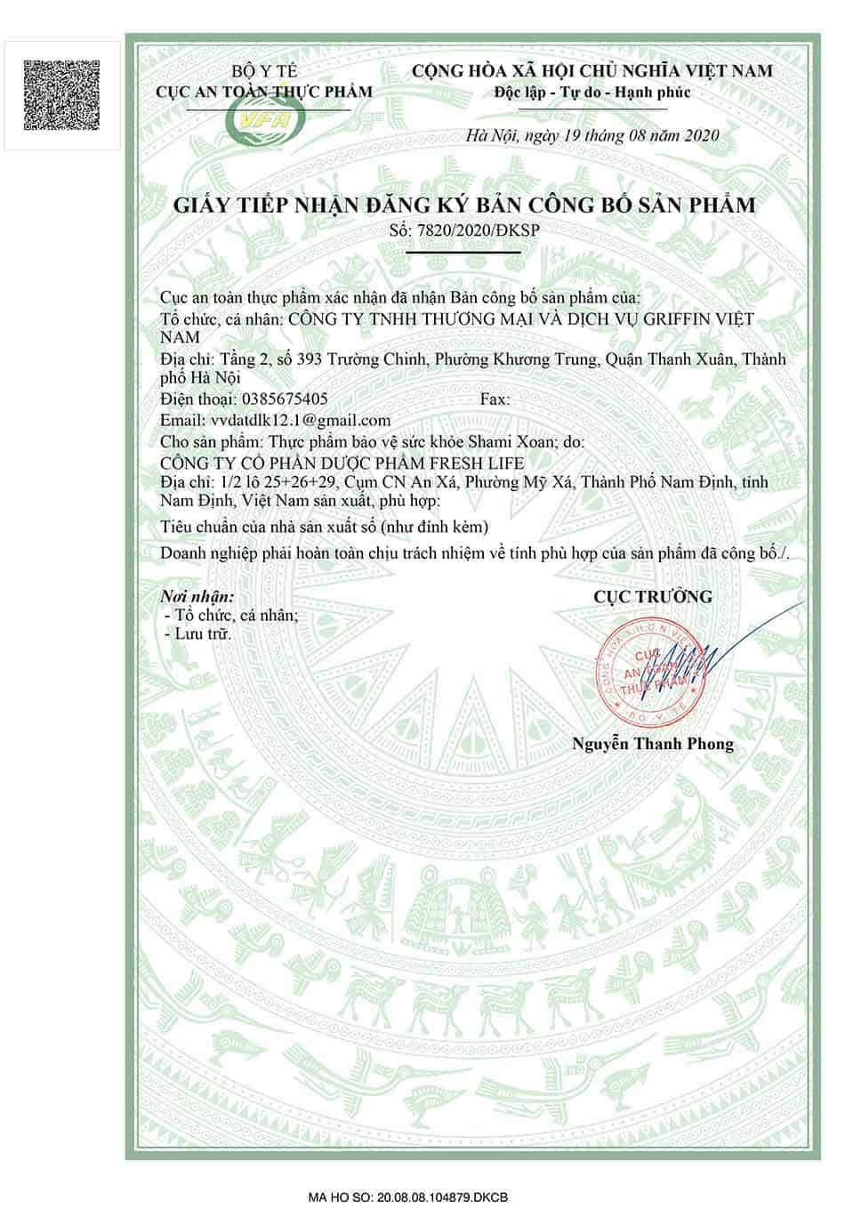 Giấy tiếp nhận đăng ký bản công bố sản phẩm Shami Xoan