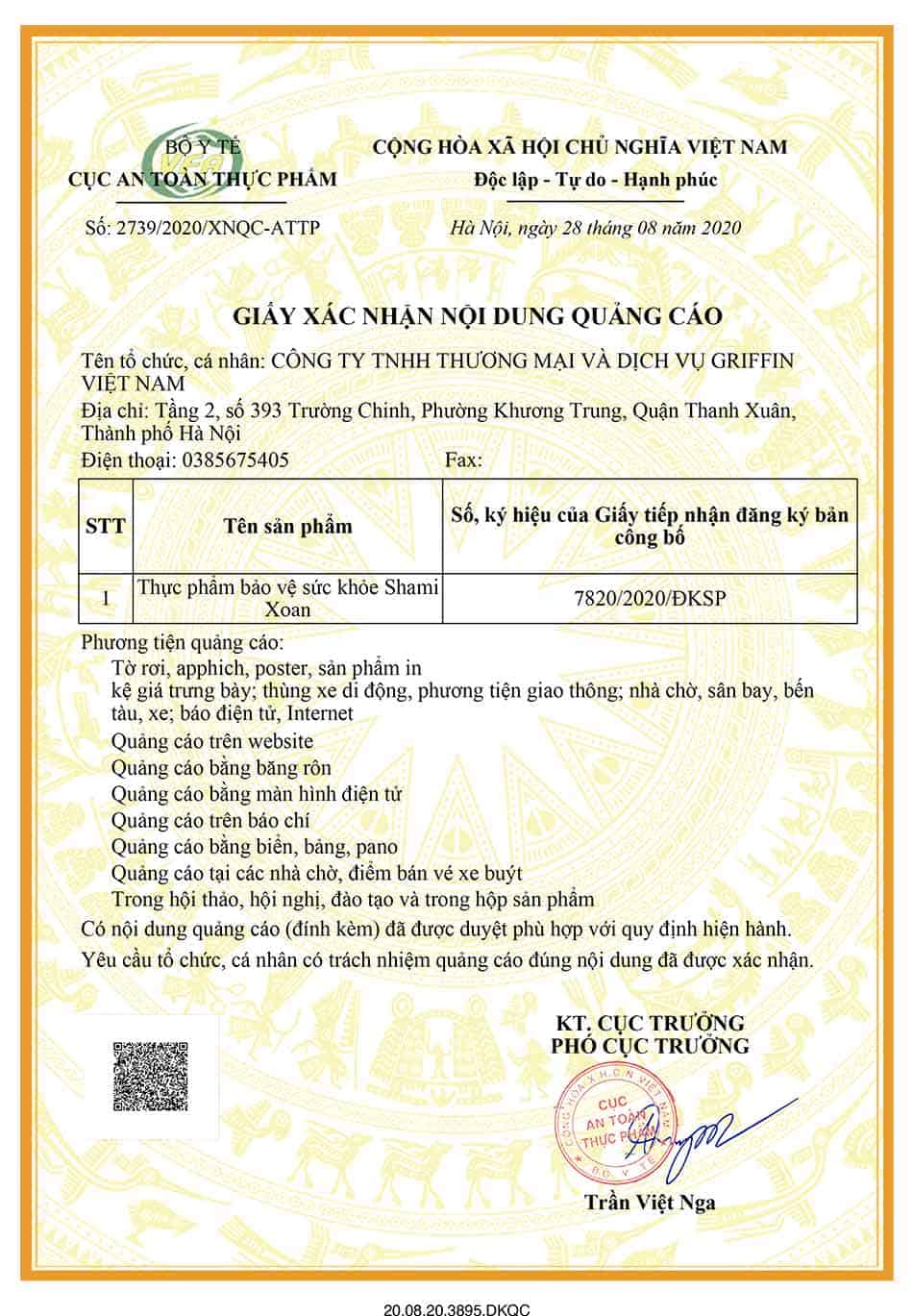 Giấy xác nhận nội dung quảng cáo Shami Xoan