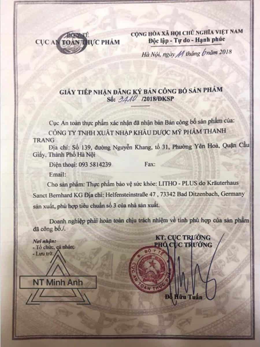 Giấy tiếp nhận đăng kí bản công bố sản phẩm Litho Plus