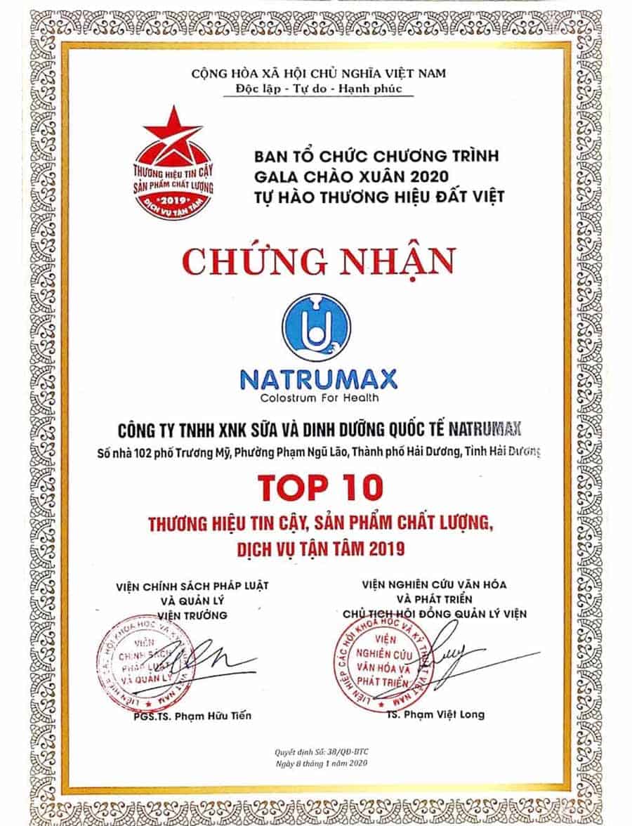 Giấy chứng nhận đạt Top 10 thương hiệu tin cậy, sản phẩm chất lượng, dịch vụ tận tâm năm 2019 của Công ty Natrumax