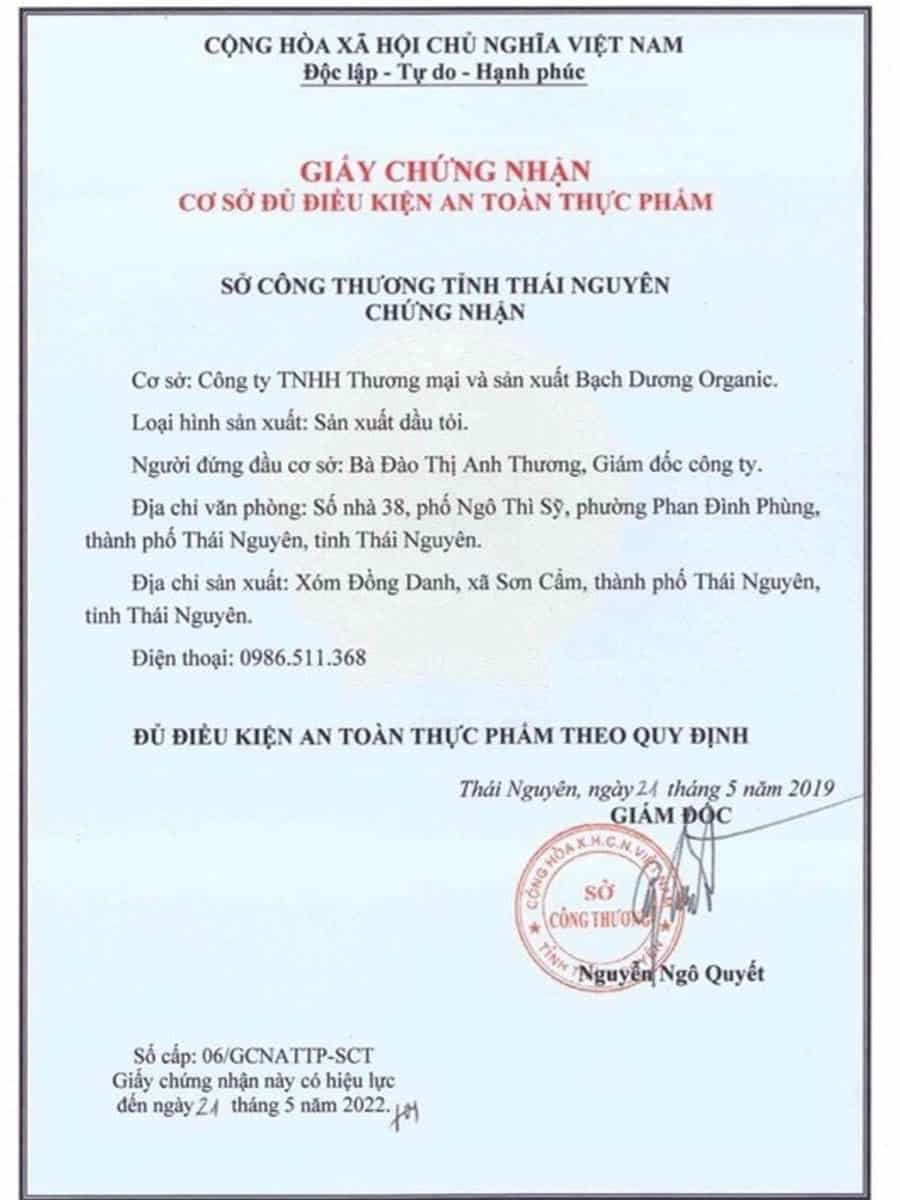 Giấy chứng nhận cơ sở đủ điều kiện an toàn thực phẩm của Công ty Bạch Dương Organic