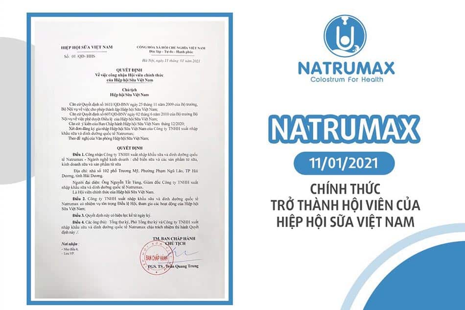 Giấy quyết định thương hiệu Natrumax là thành viên của Hiệp hội Sữa Việt Nam