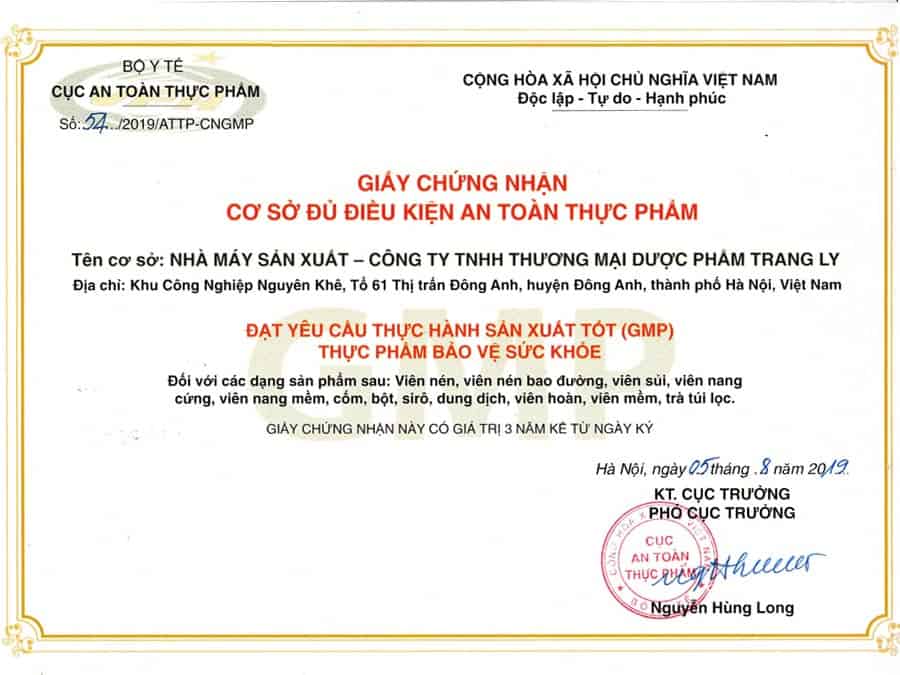 Chứng nhận cơ sở đủ điều kiện an toàn thực phẩm của Công ty TNHH Thương Mại Dược Phẩm Trang Ly