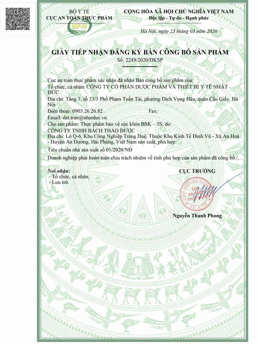 Giấy tiếp nhận bản công bố BSK - 3S