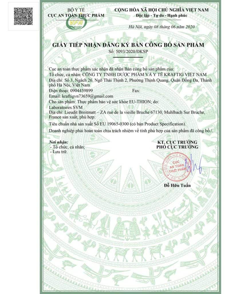 Giấy tiếp nhận đăng ký bản công bố sản phẩm Eu-Thion