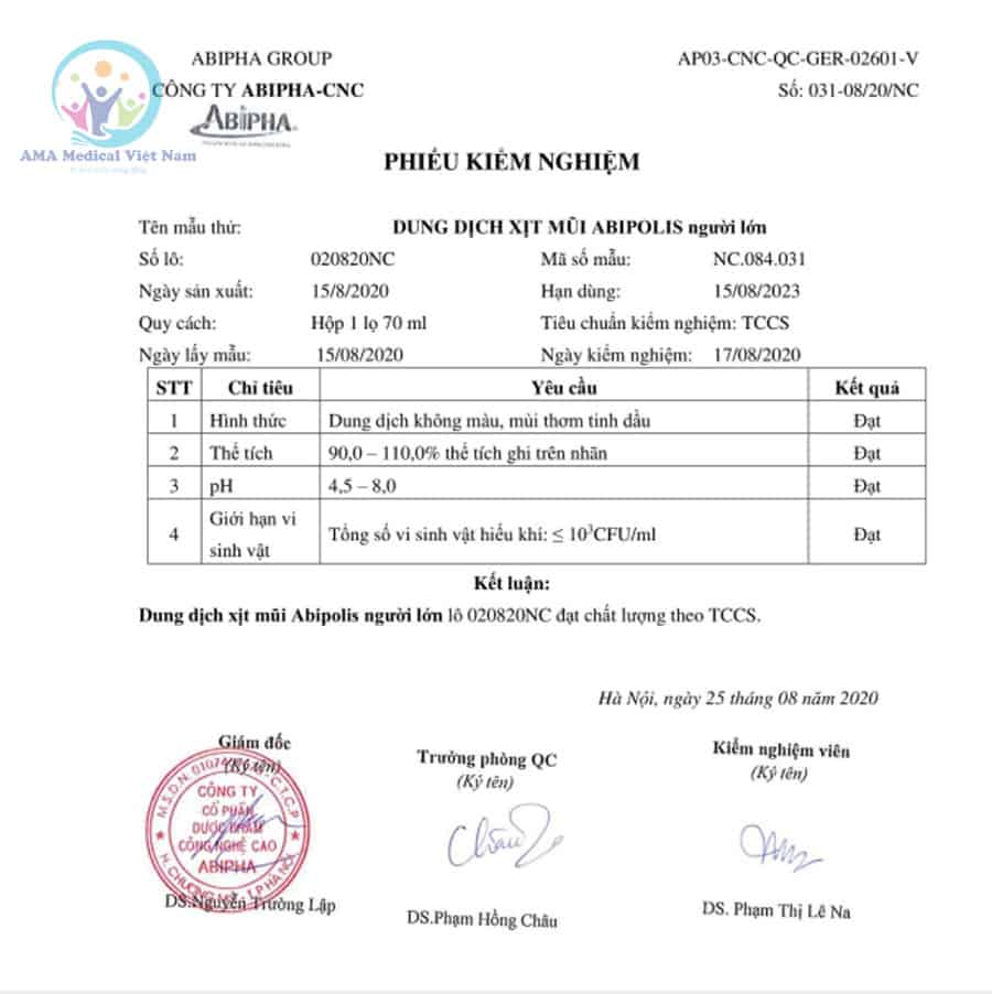 Phiếu kiểm nghiệm sản phẩm Abipolis