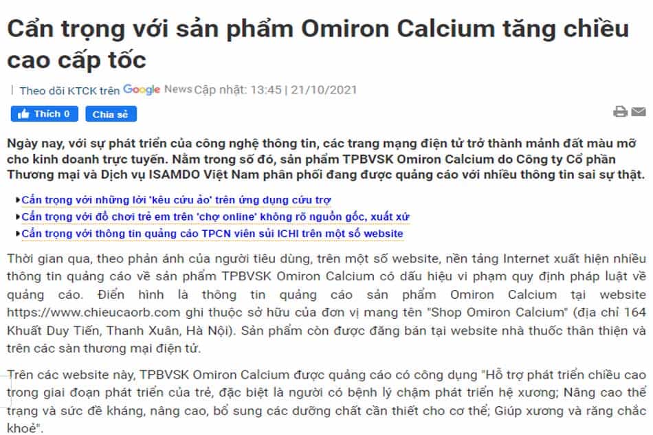 Omiron Calcium lừa đảo hay chỉ vi phạm luật quảng cáo
