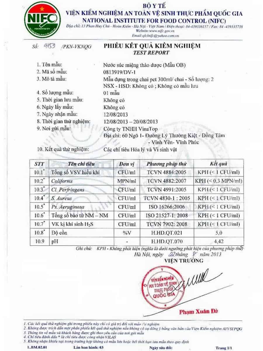 Phiếu kiểm nghiệm thành phần Nước súc miệng Sakiw