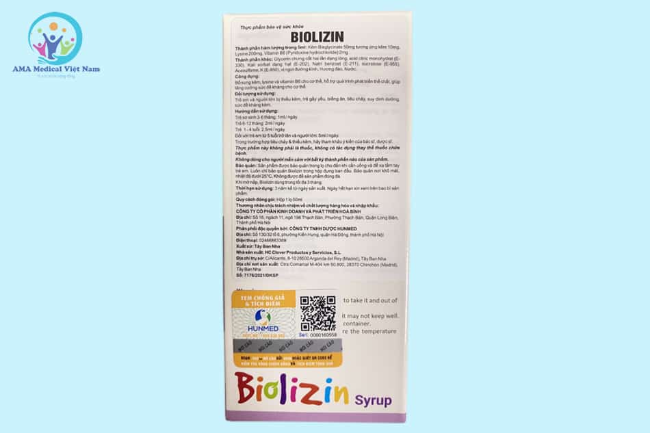 Thông tin Biolizin in trên bao bì