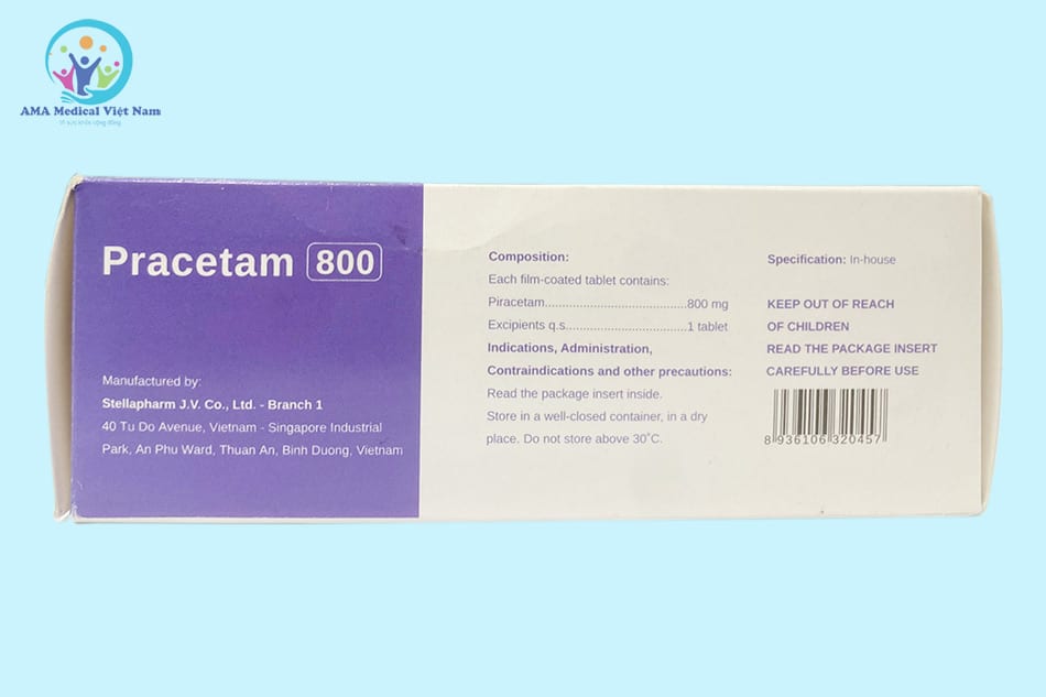 Mặt sau hộp thuốc Pracetam