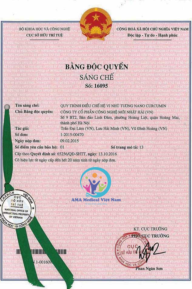 Bằng độc quyền Sáng chế duy nhất số 16095 về Quy trình điều chế vi nhũ tương Nano Curcumin