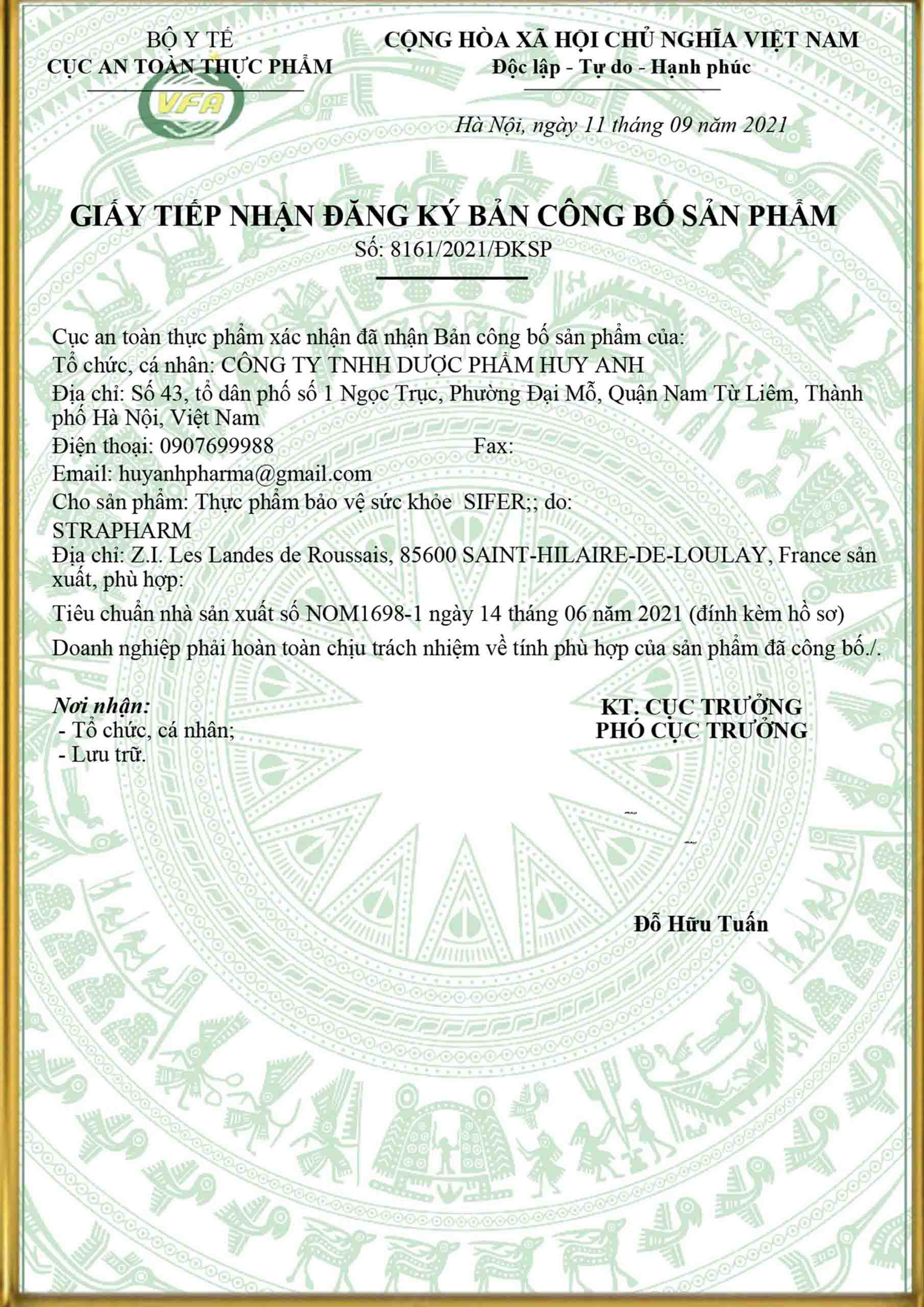 Giấy tiếp nhận đăng ký công bố sản phẩm Sifer
