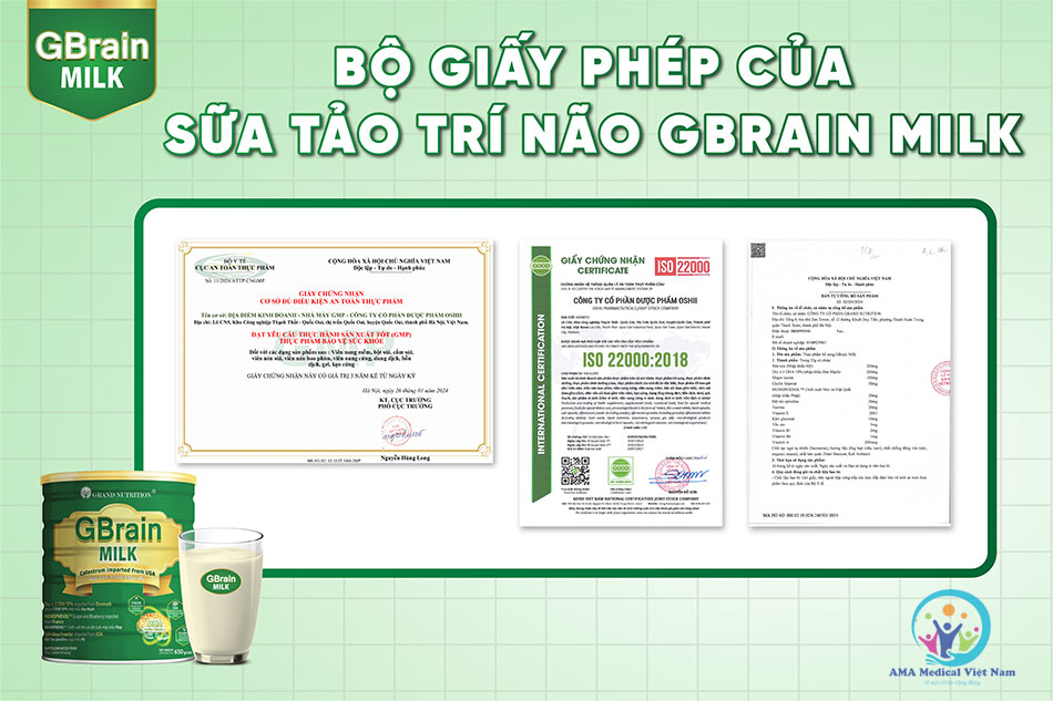 Sữa tảo trí não GBrain Milk có đầy đủ giấy phép lưu hành và chứng nhận chất lượng của Bộ Y tế
